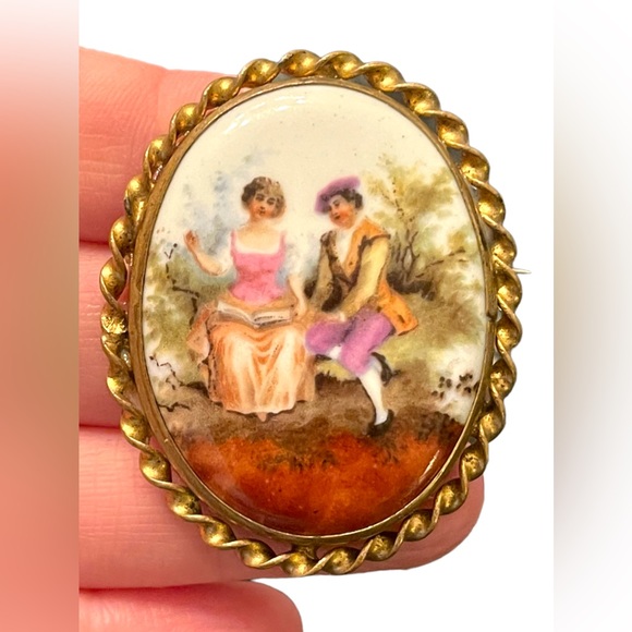 Vintage Jewelry Vintage 96s Pinchbeck Gold Plate Fragonard Ceramic